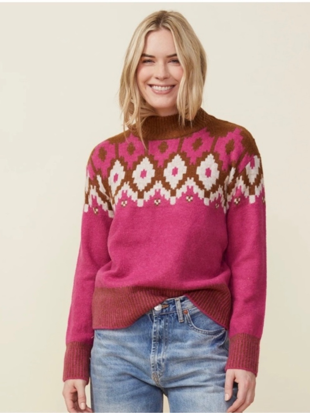 Monrow Mock Neck Fair Isle Sweater | Women | Dragon Fruit XL